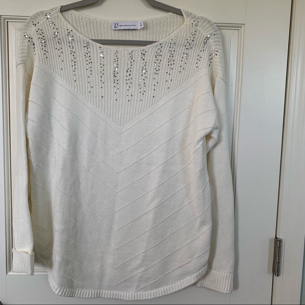 New York & Co. Women’s Long Sleeve Embellished Sweater Cream Silver Size M